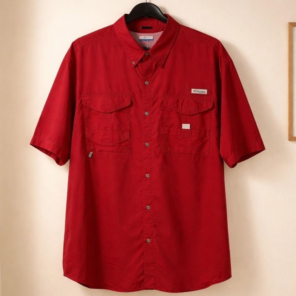 Columbia PFG Fishing Shirt Mens XL Red Vented Short Sleeve Button Up